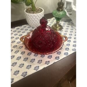 Vintage Art Glass Carved Cheese Or Candy Dish Serving Ruby Red